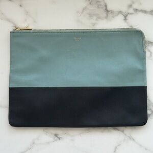 Auth Rare Celine Bicolor Calf Leather Glacier Light Blue Black Pouch Clutch
